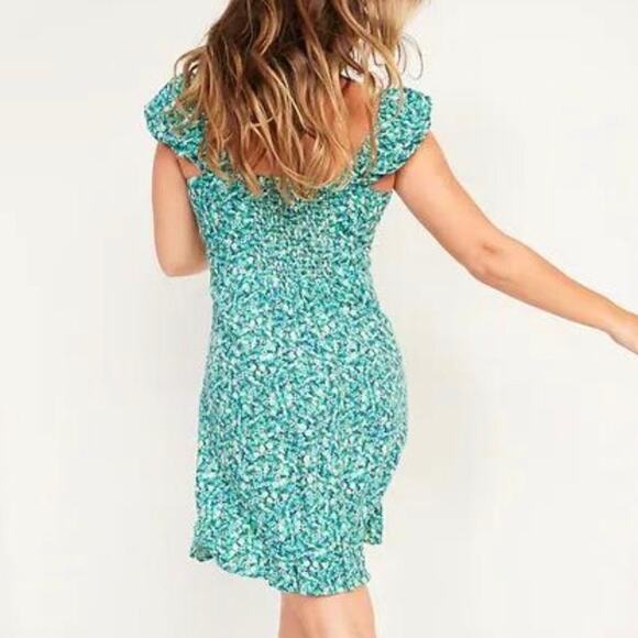 Old Navy Fit & Flare Blue Green Puff Sleeve Dress Size M - Picture 2 of 9